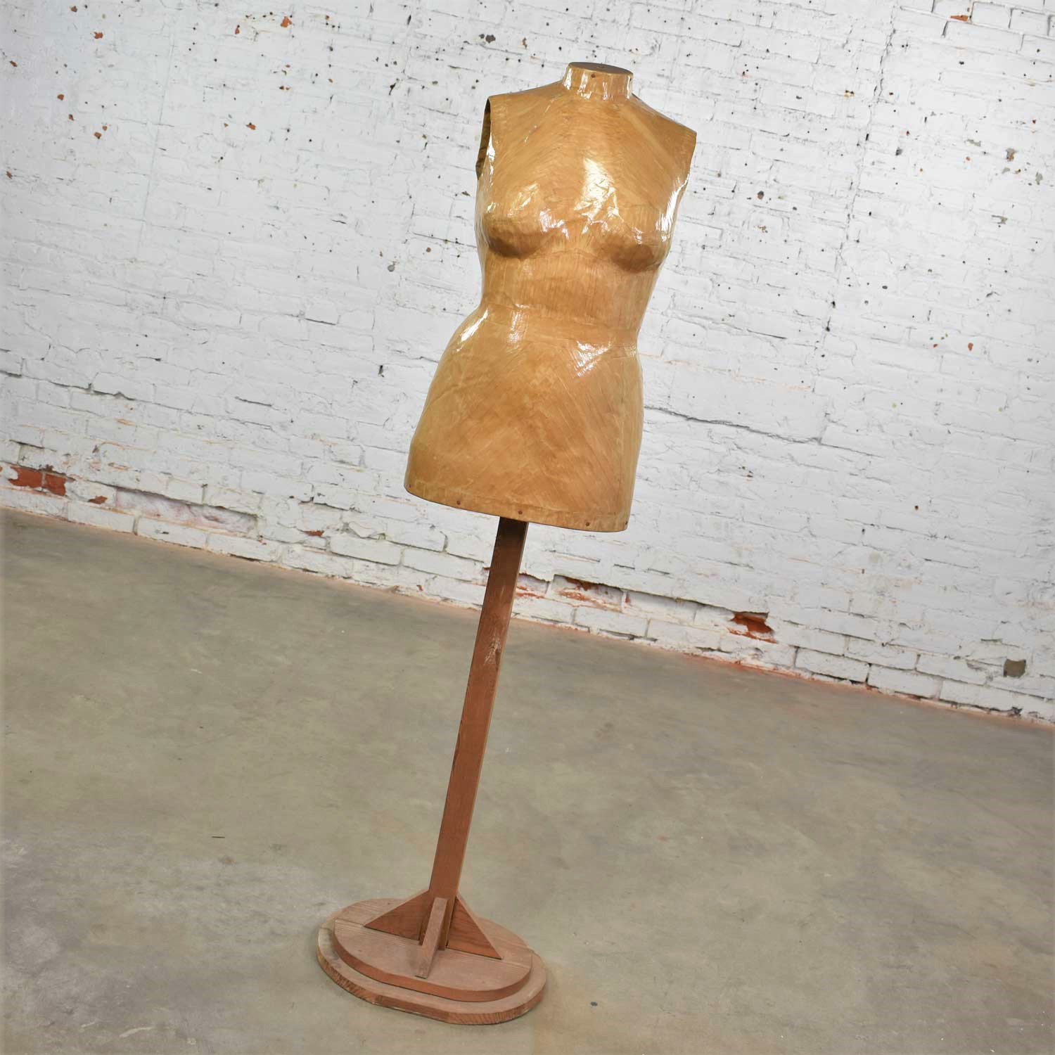 Vintage Papier-Mache Female Dress Form Mannequin on Pine Wood Stand