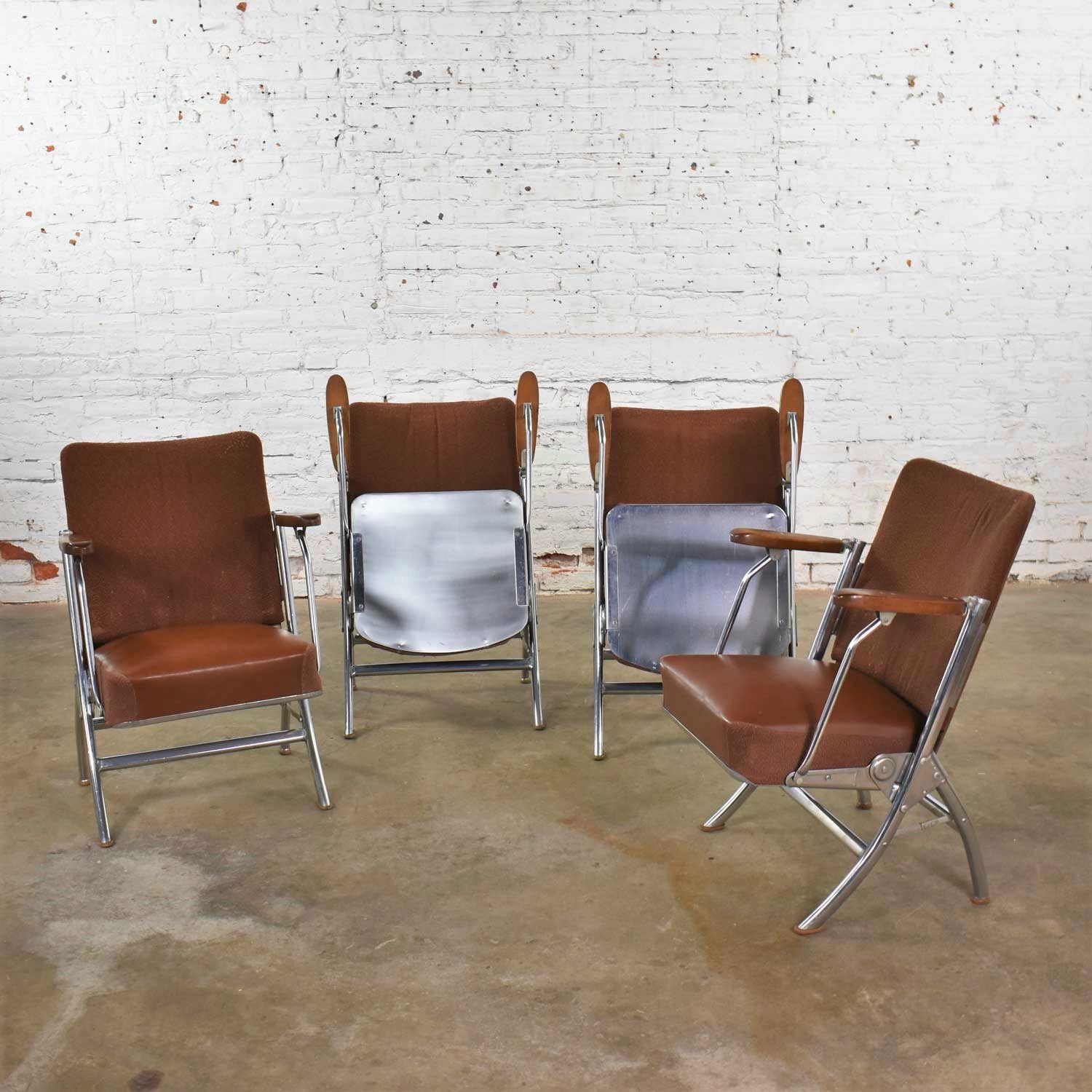 Vintage Art Deco Streamline Bauhaus Chrome Frieze Vinyl Folding Auditorium Chairs