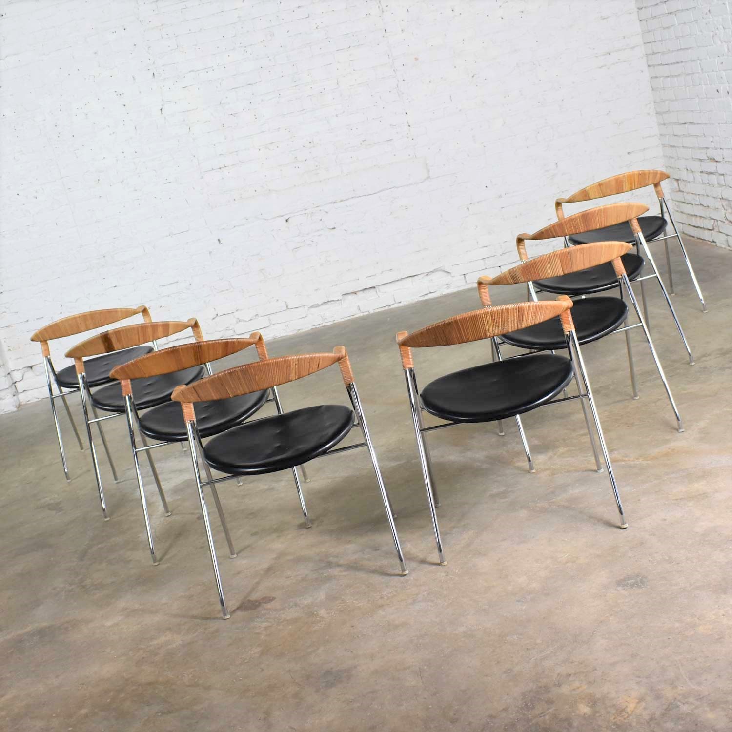 8 Hans Eichenberger Saffa Dining Chairs Dietiker & Stendig Black Vinyl Chrome & Wicker