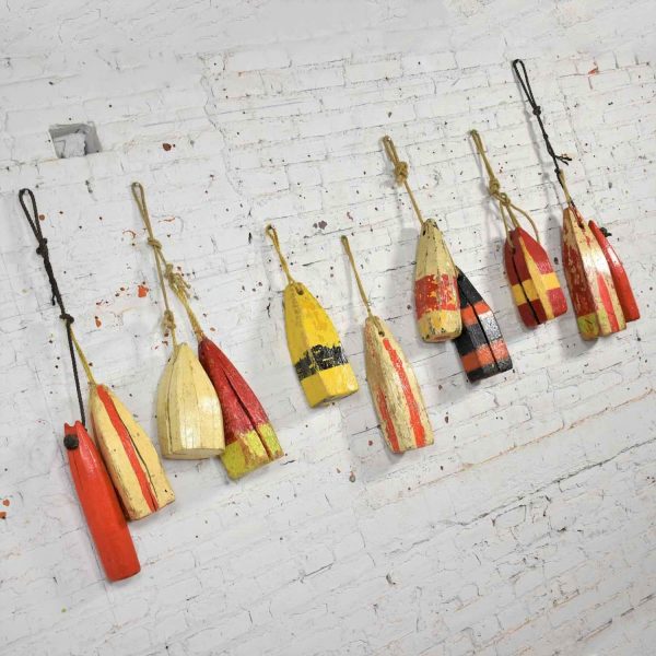 Vintage Painted Wood Authentic Lobster/Crab Trap Buoys Maritime Nautical Décor Set 11