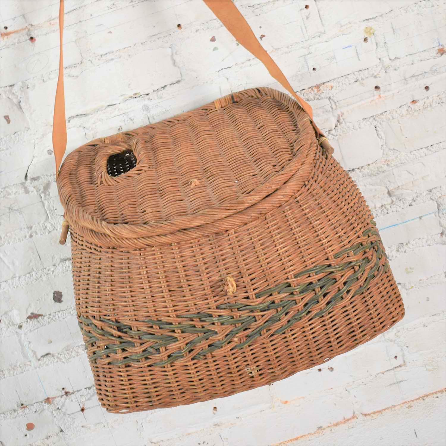 Antique Wicker Basket Fishing Creel with Leather Strap Handle