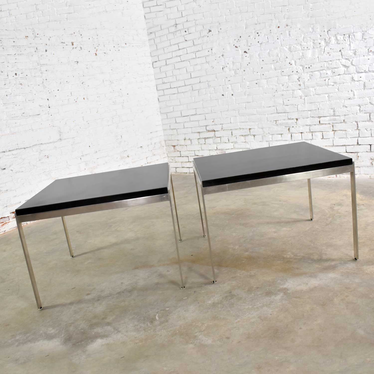 Pair Vintage Large Modern Square End Tables in Stainless Steel with Black Laminate Tops
