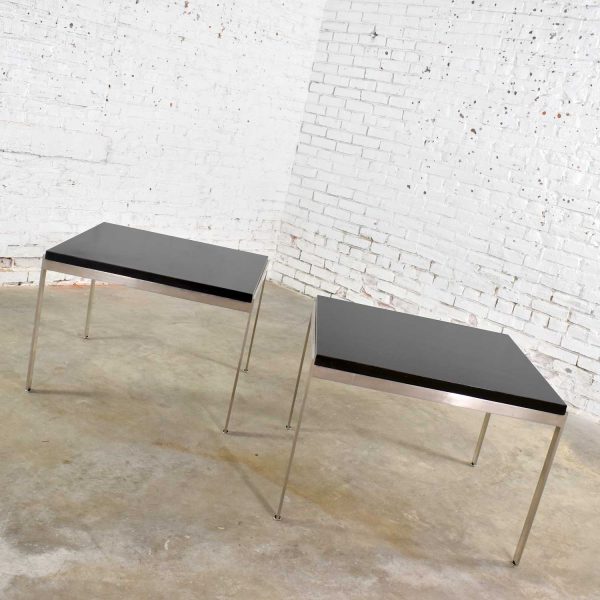 Pair Vintage Large Modern Square End Tables in Stainless Steel with Black Laminate Tops