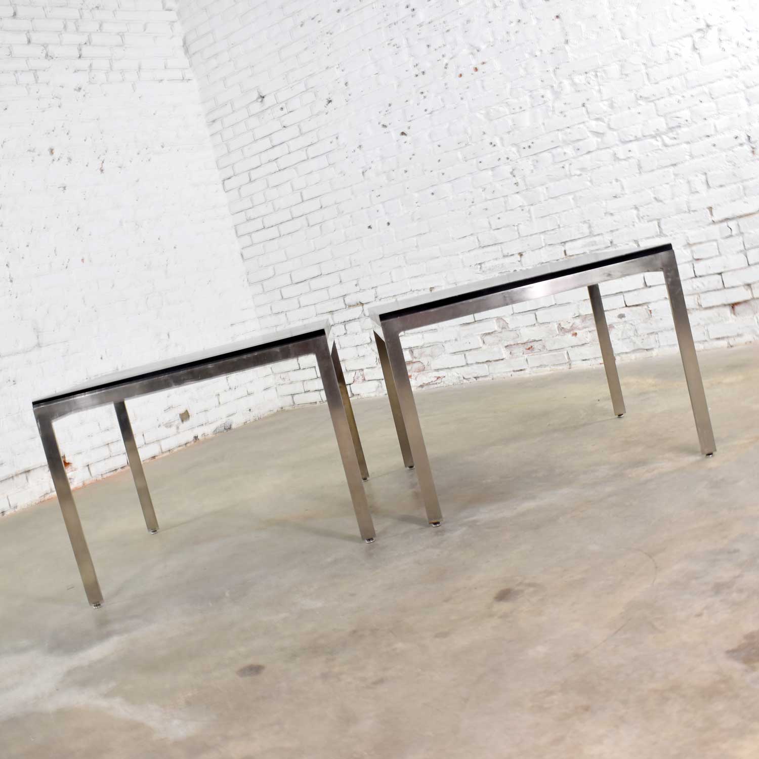 Pair Vintage Large Modern Square End Tables in Stainless Steel with Black Laminate Tops
