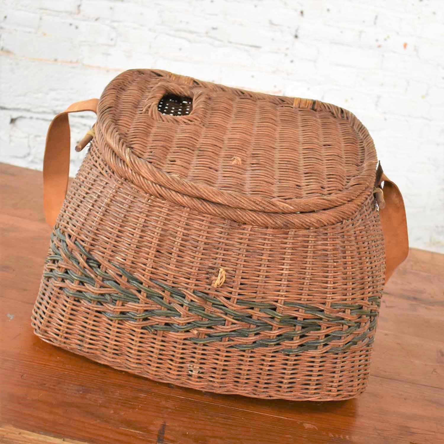 Antique Wicker Basket Fishing Creel with Leather Strap Handle