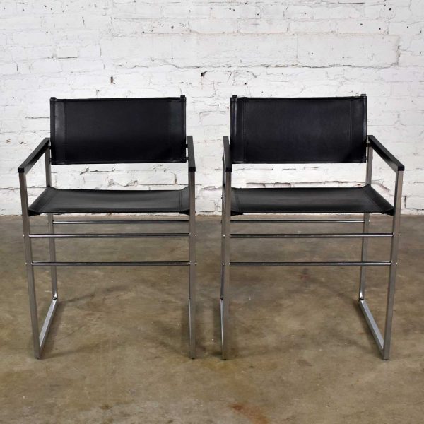 Vintage Chrome & Black Vinyl Faux Leather Sling Director’s Chairs Straight Legs, a Pair