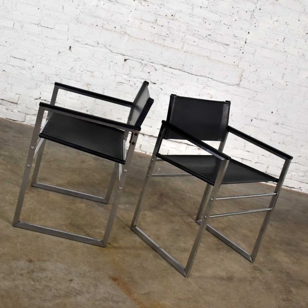 Vintage Chrome & Black Vinyl Faux Leather Sling Director’s Chairs Straight Legs, a Pair