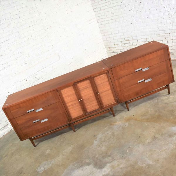 American of Martinsville Accord Walnut & Cane Dresser & Bachelor’s Chest w/ X’s & Asymmetric Handles