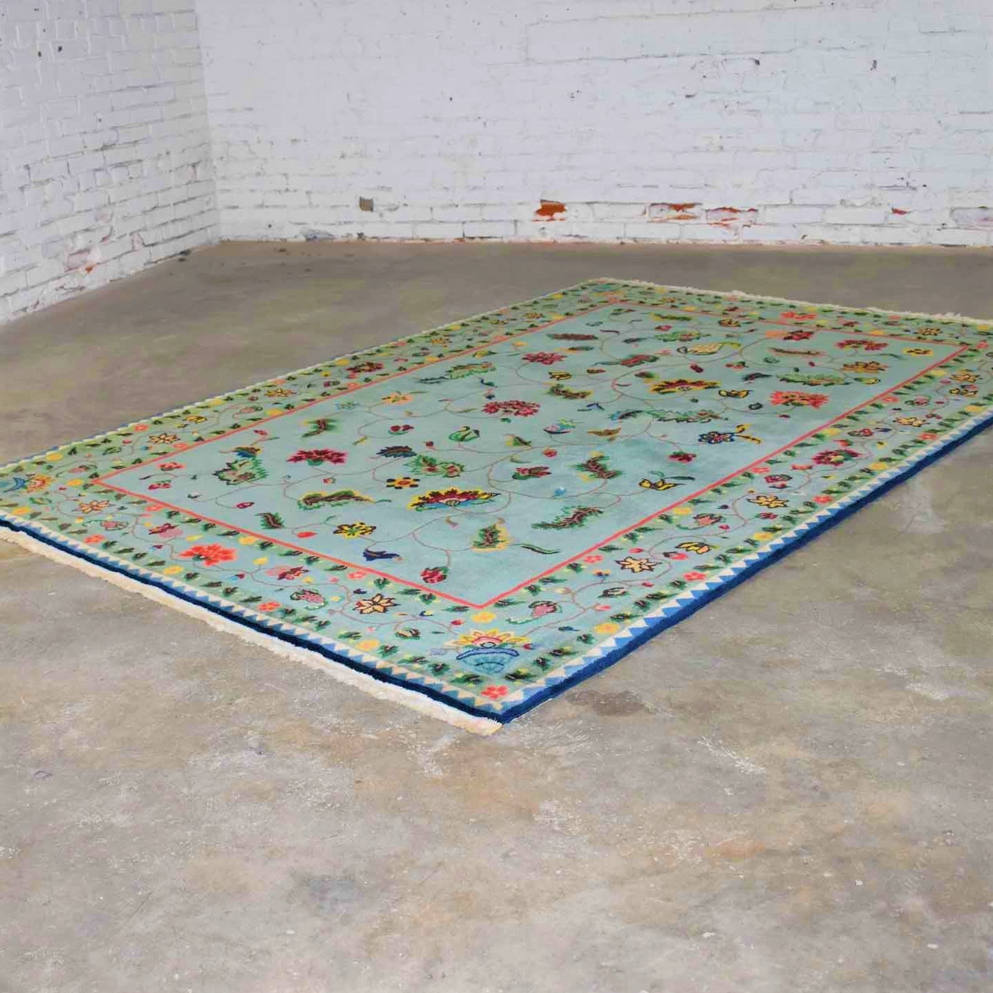 Vintage Chinese Peking Wool Handmade Rug in Teal Green with Overall Pattern 6’x 8.9’