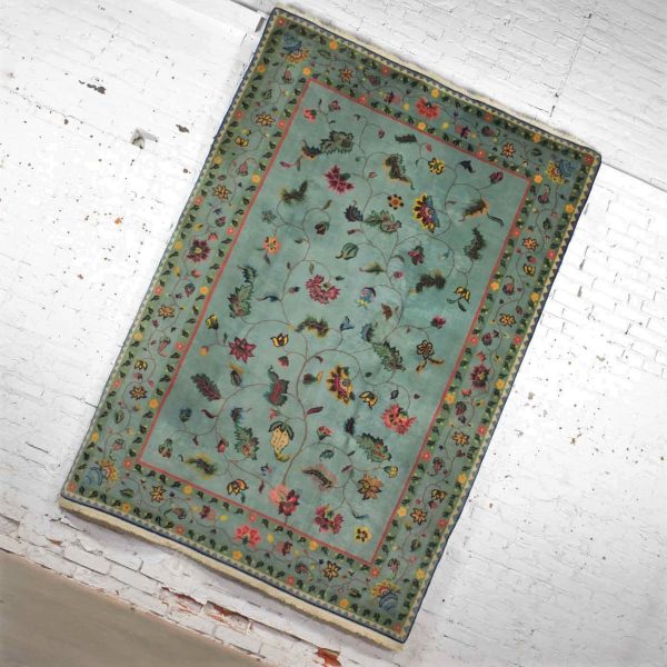 Vintage Chinese Peking Wool Handmade Rug in Teal Green with Overall Pattern 6’x 8.9’