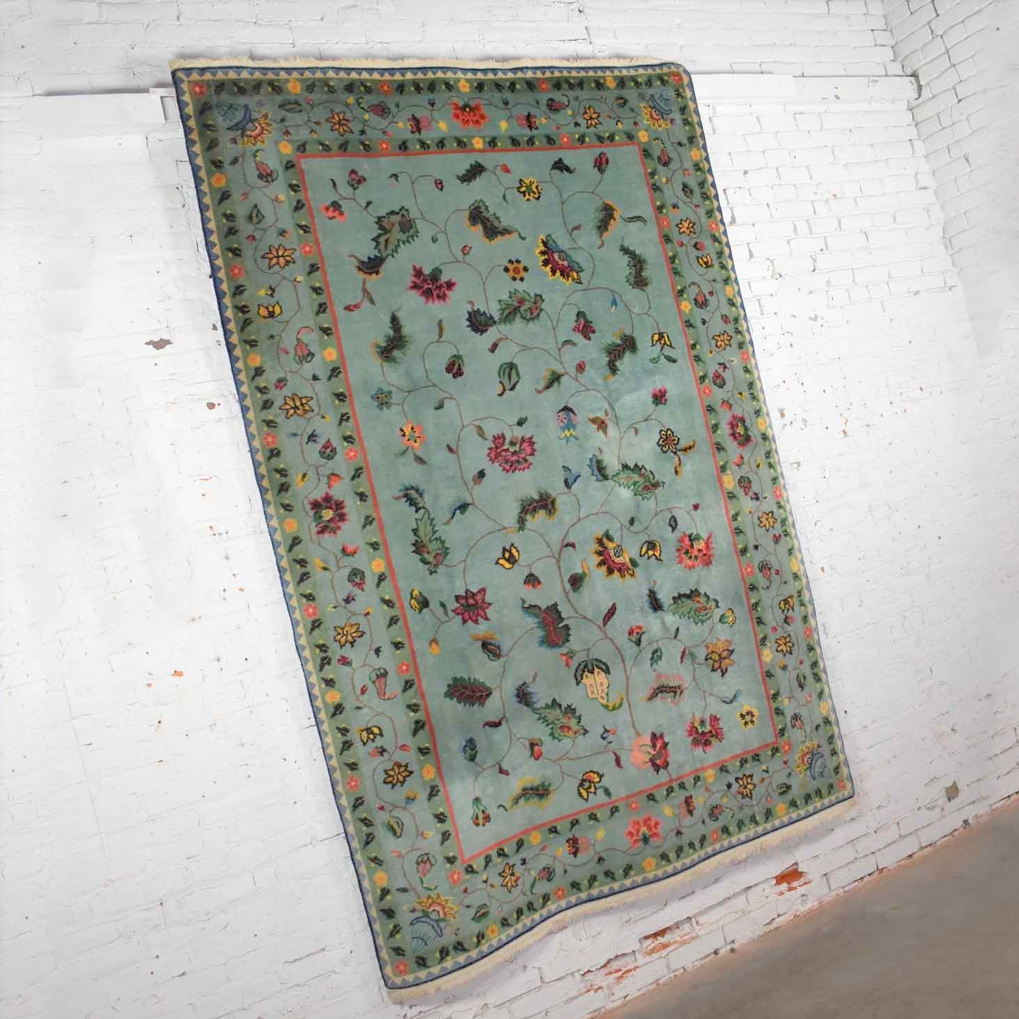 Vintage Chinese Peking Wool Handmade Rug in Teal Green with Overall Pattern 6’x 8.9’