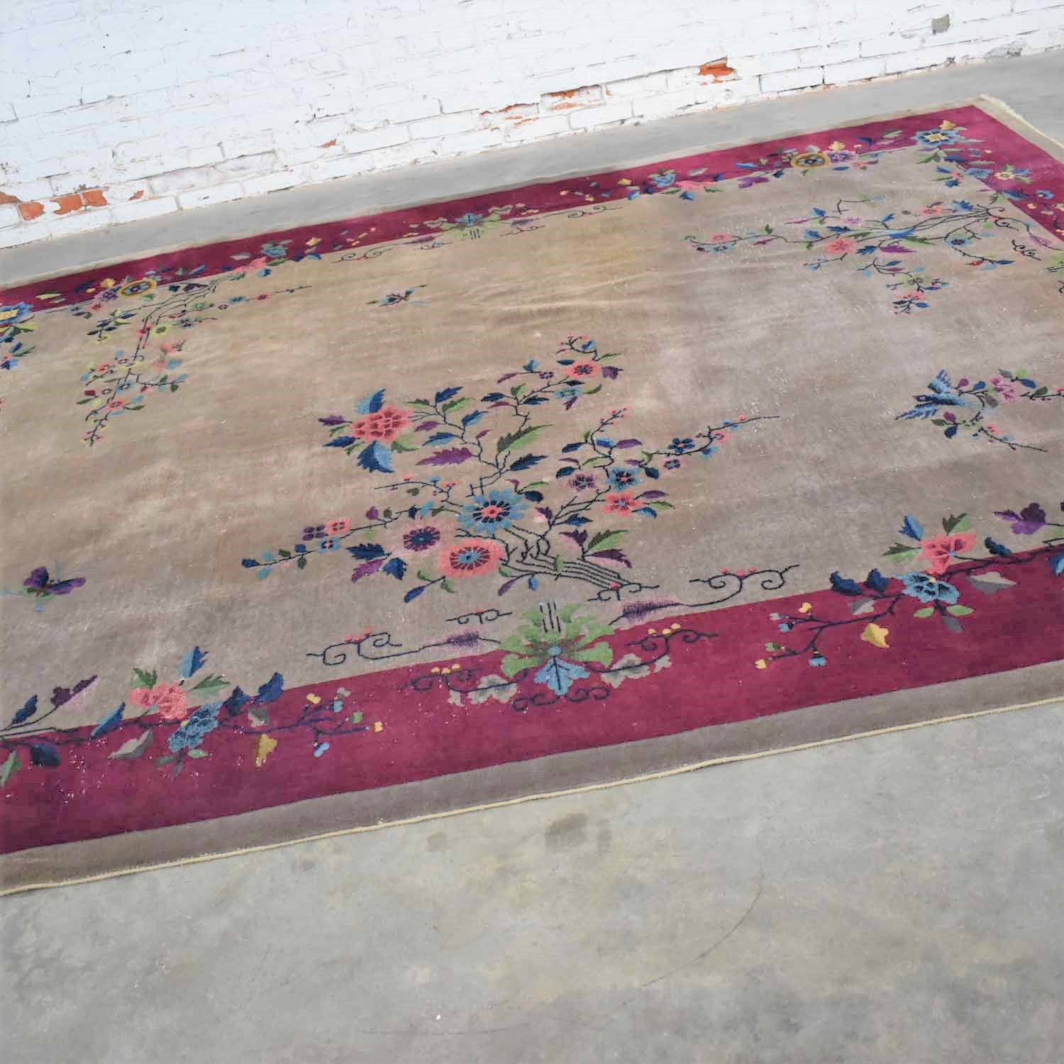 Antique Chinese Art Deco Wool Handmade Rug Taupe with Magenta Border 8’8”x11’4.5”