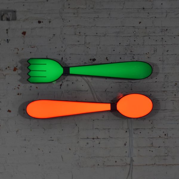 Vintage Fork and Spoon Neon Sign Wall Hanging Sculptures in Red and Green