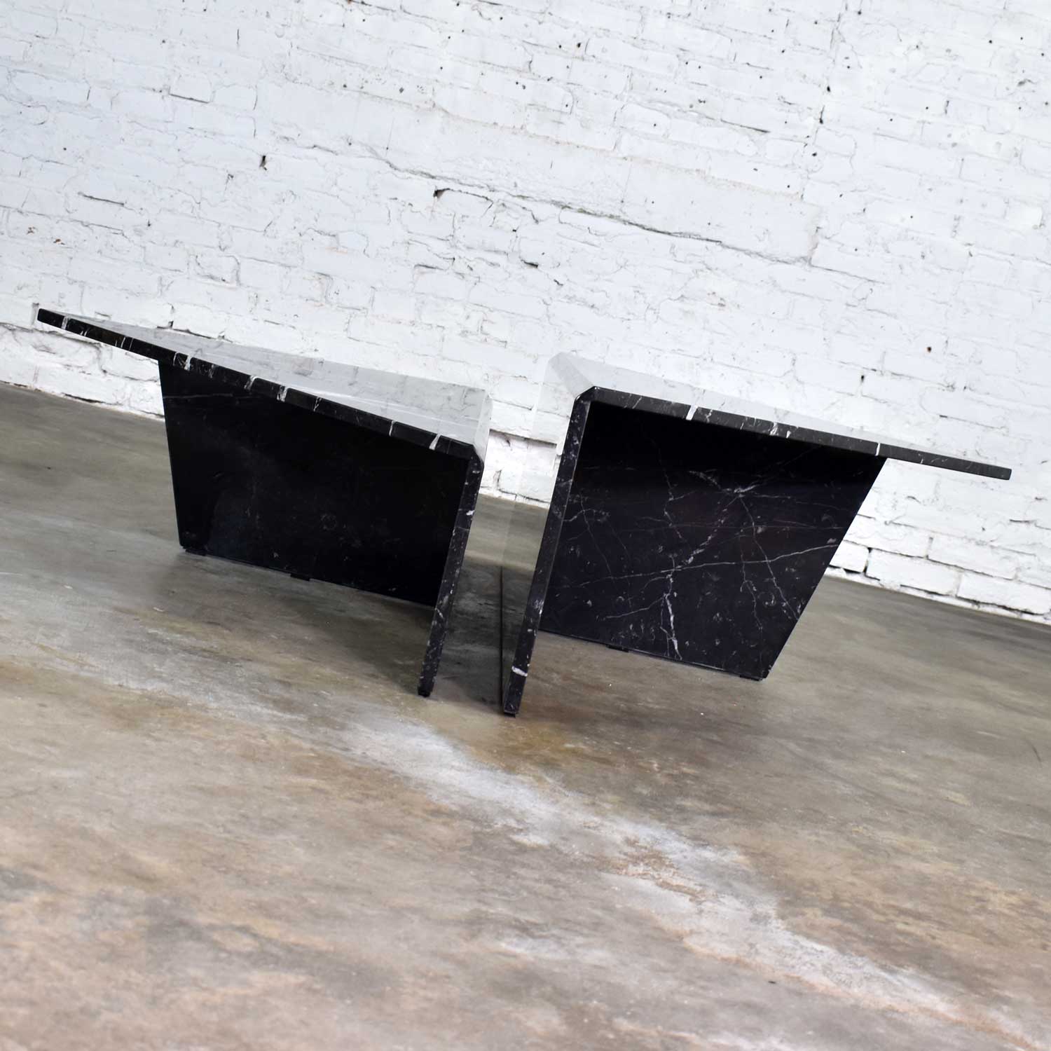 Black Marble Triangle Bi-Level Pair Tables as Coffee Table or End Tables Style Up & Up