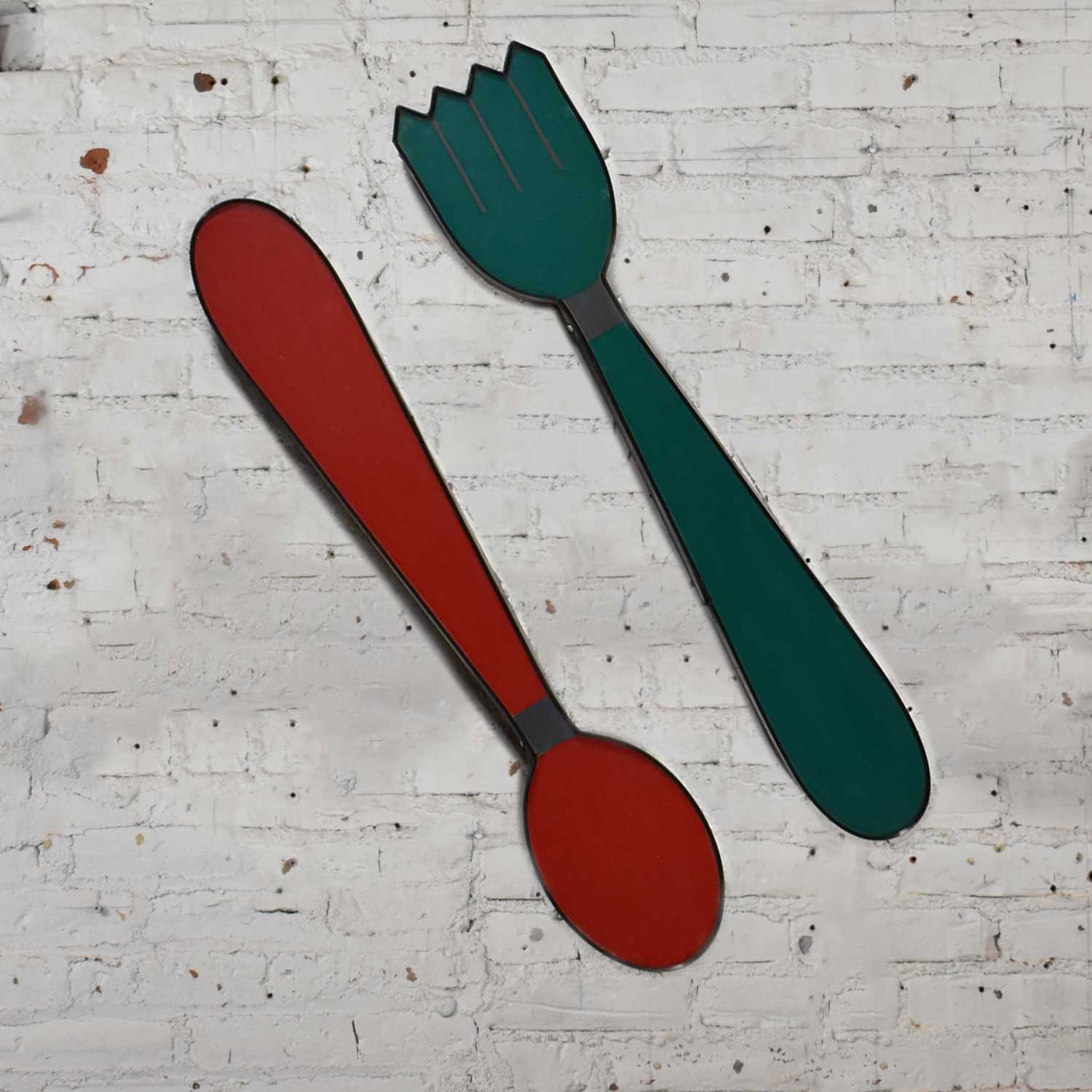 Vintage Fork and Spoon Neon Sign Wall Hanging Sculptures in Red and Green