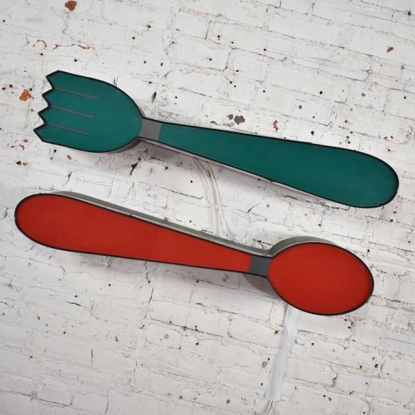 Vintage Fork and Spoon Neon Sign Wall Hanging Sculptures in Red and Green