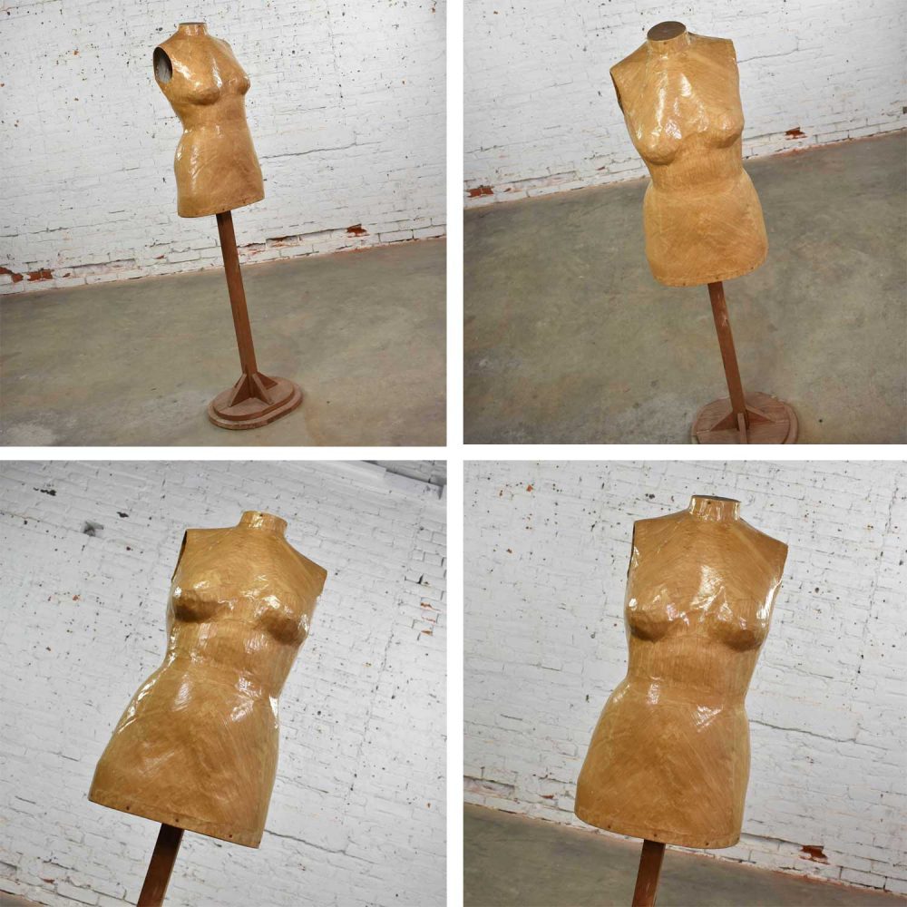 Vintage Papier-Mache Female Dress Form Mannequin on Pine Wood Stand