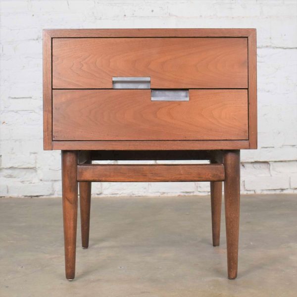 American of Martinsville Accord Walnut Nightstand or End Table w/ X’s & Asymmetric Handles