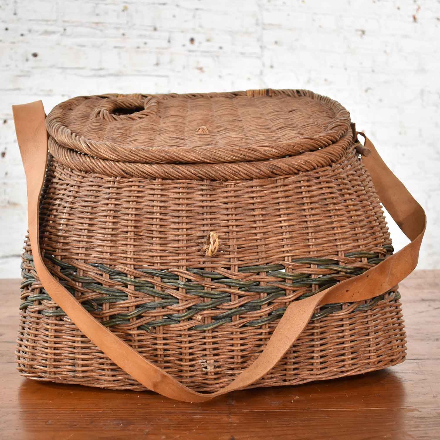 Antique Wicker Basket Fishing Creel with Leather Strap Handle