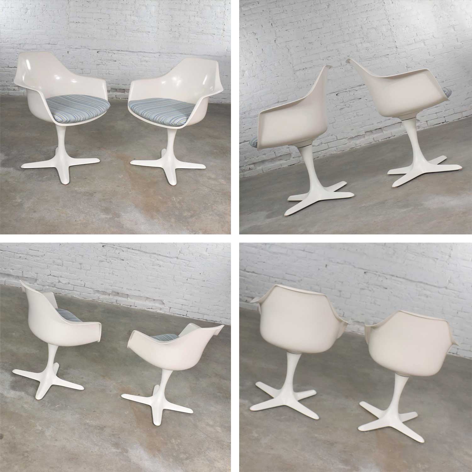 Set Burke Tulip Style Swivel Chairs & Side Table w/ Mod Flower Petal Design Blue & White