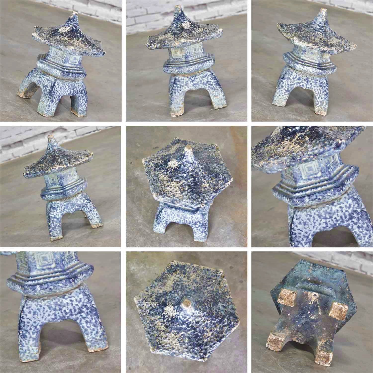 Trio of Vintage Concrete Japanese Pagoda Garden Ornaments Three Heights