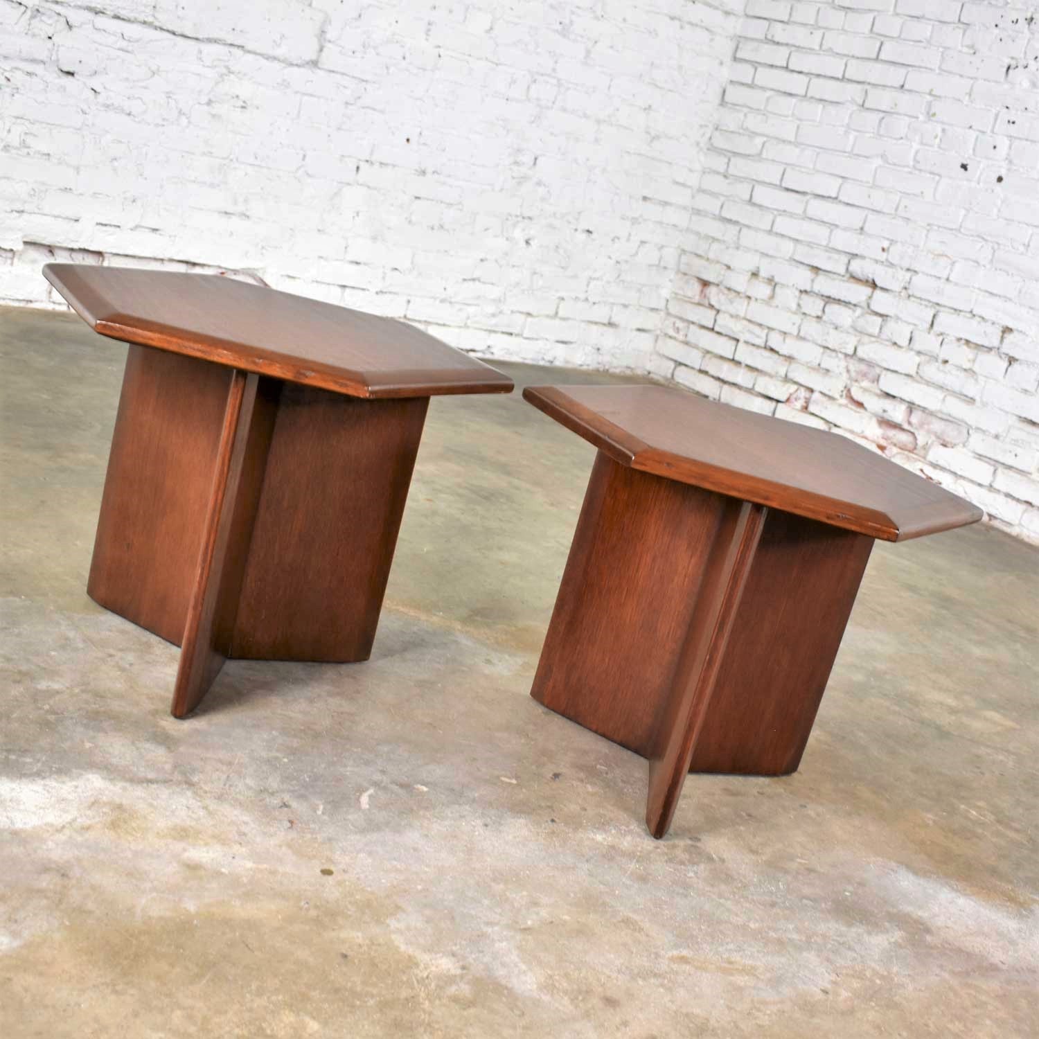 Pair Walnut Stained Hexagon Side Tables Style of Frank Lloyd Wright for Henredon