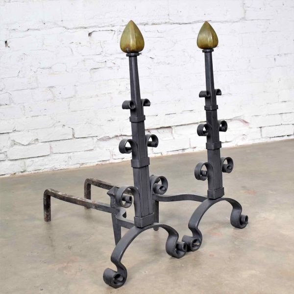 Pair Antique Arts & Crafts Art Deco Hand Wrought Iron & Bronze Andirons