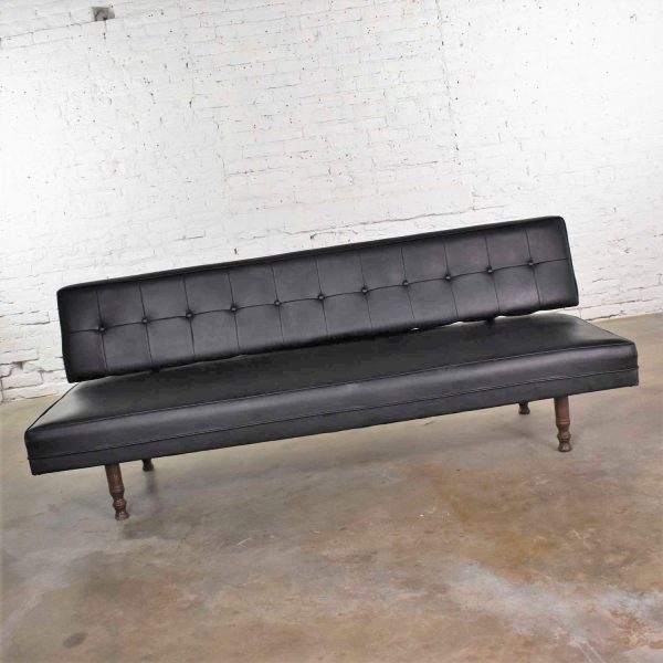 Vintage Mid Century Modern Black Vinyl Faux Leather Convertible Sofa by Universal of High Point