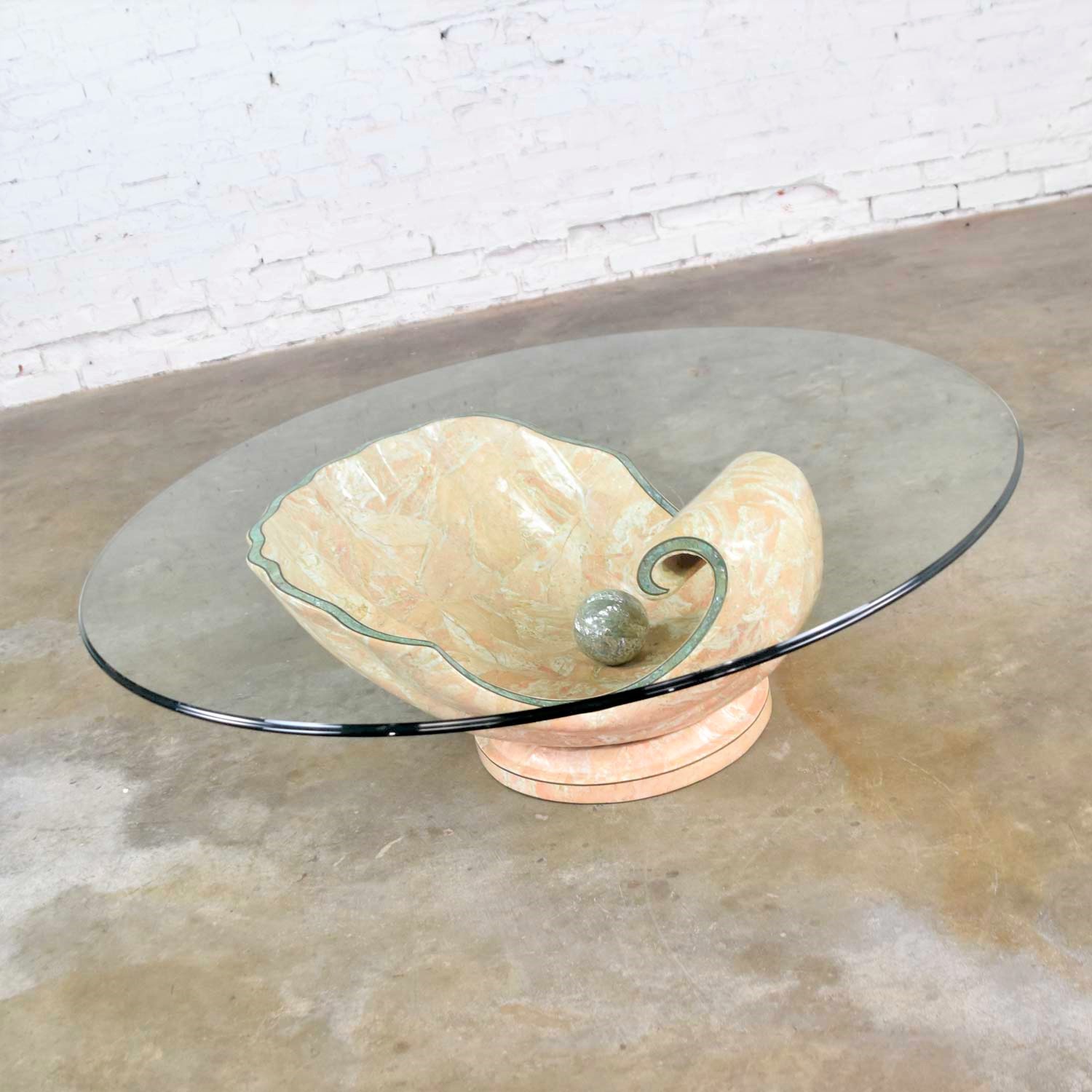 Monumental Tessellated Marble Clam Shell w/Giant Pearl as Coffee Table Base w/Glass Top