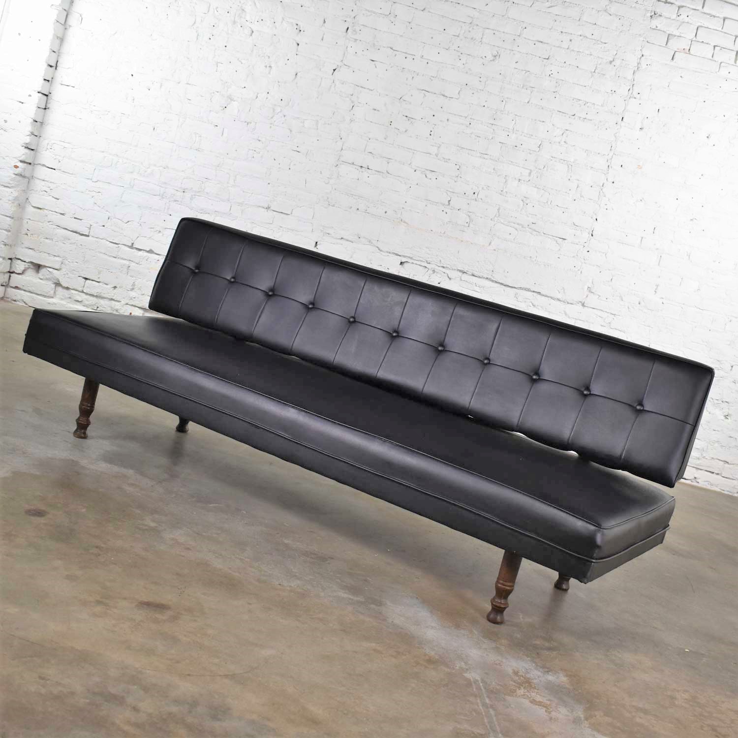 Vintage Mid Century Modern Black Vinyl Faux Leather Convertible Sofa by Universal of High Point
