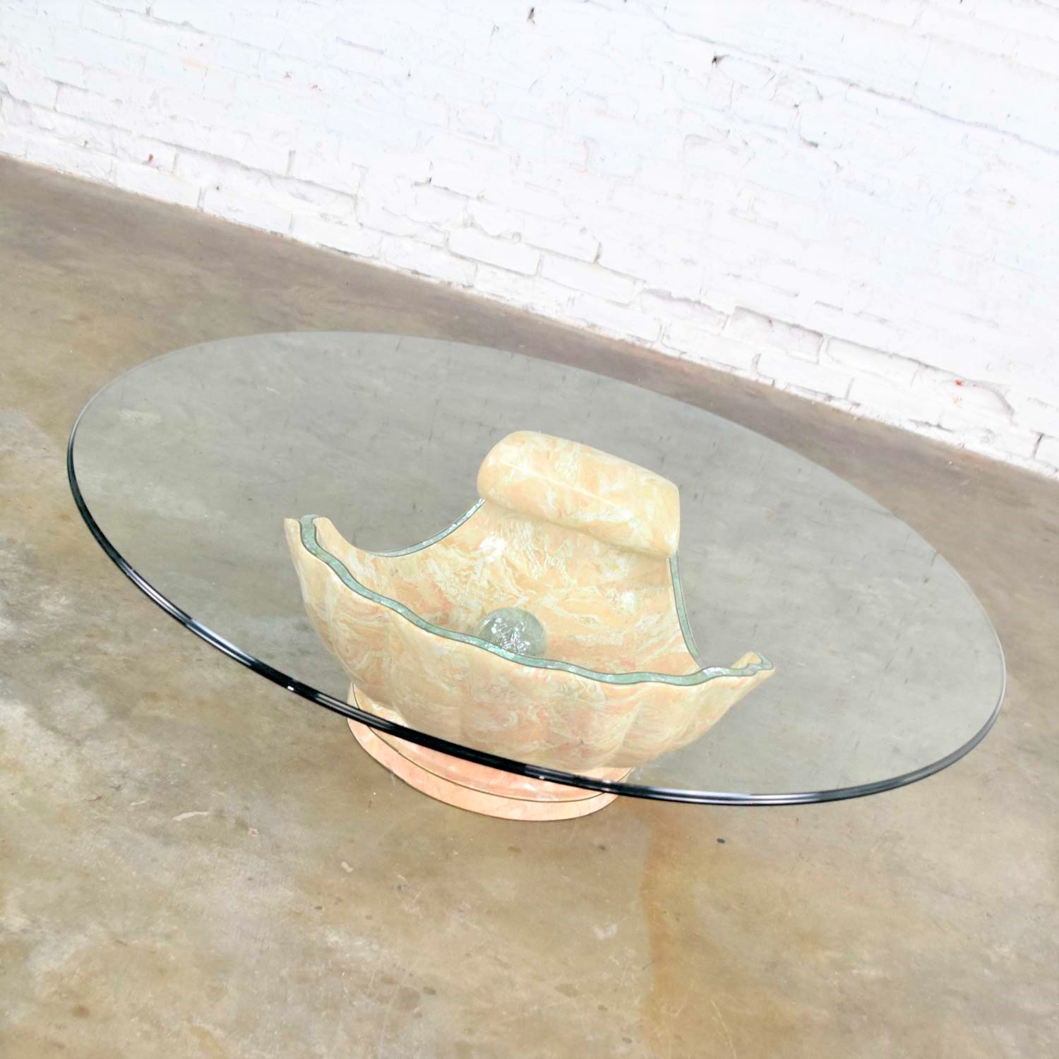 Monumental Tessellated Marble Clam Shell w/Giant Pearl as Coffee Table Base w/Glass Top