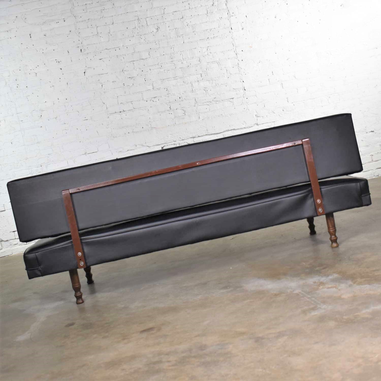 Vintage Mid Century Modern Black Vinyl Faux Leather Convertible Sofa by Universal of High Point