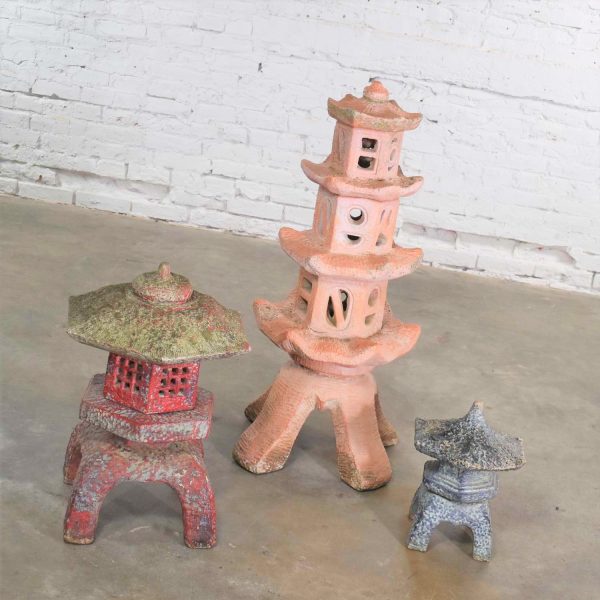 Trio of Vintage Concrete Japanese Pagoda Garden Ornaments Three Heights