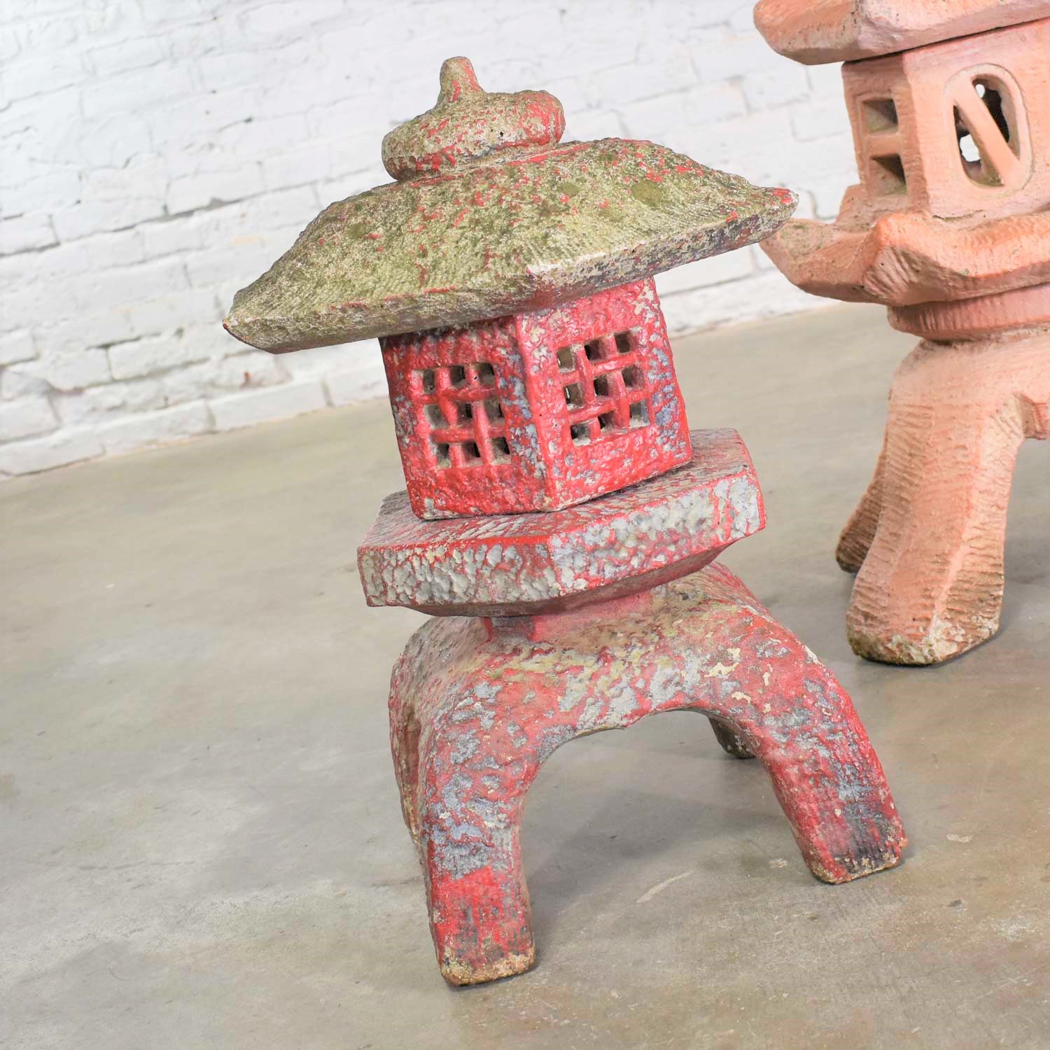 Trio of Vintage Concrete Japanese Pagoda Garden Ornaments Three Heights
