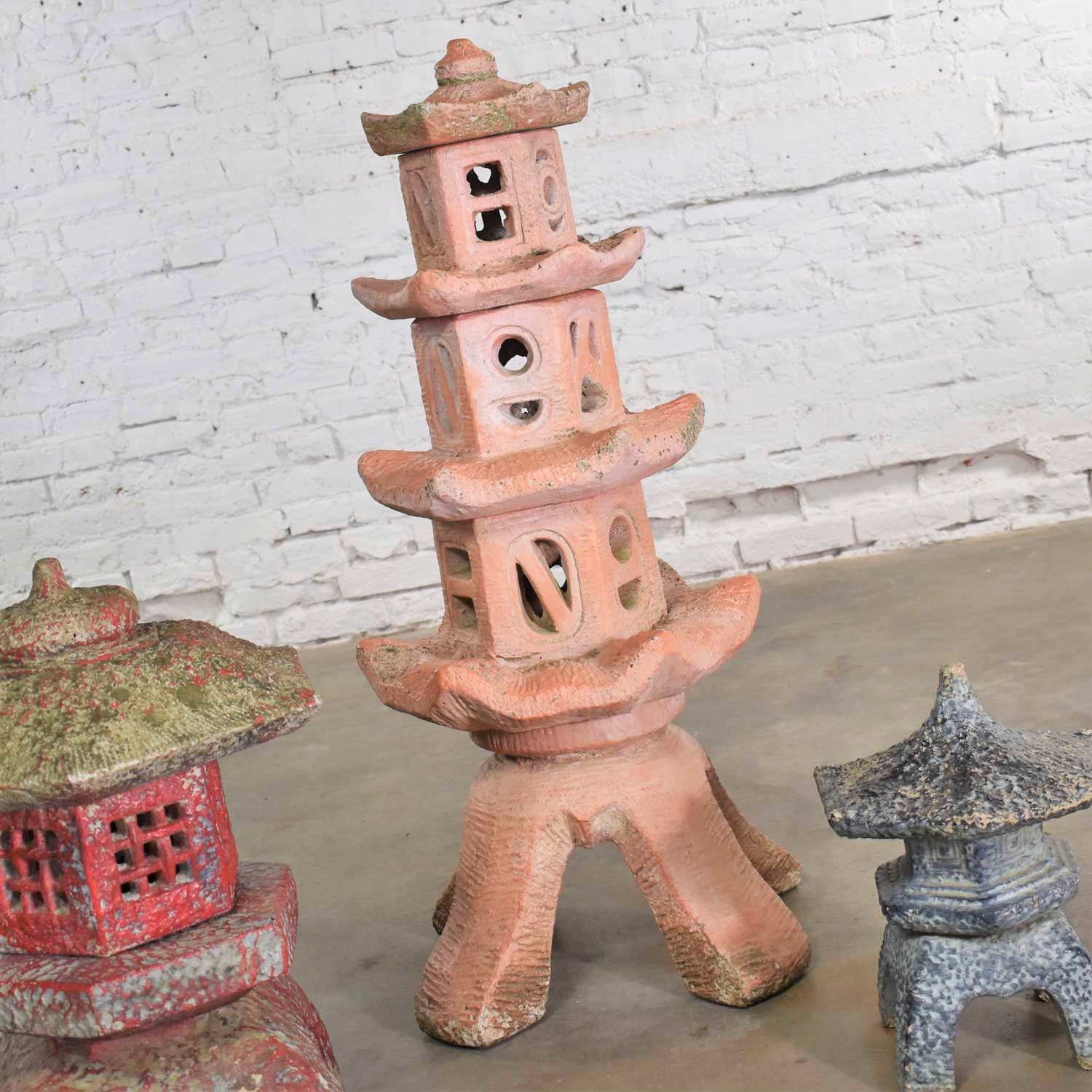 Trio of Vintage Concrete Japanese Pagoda Garden Ornaments Three Heights