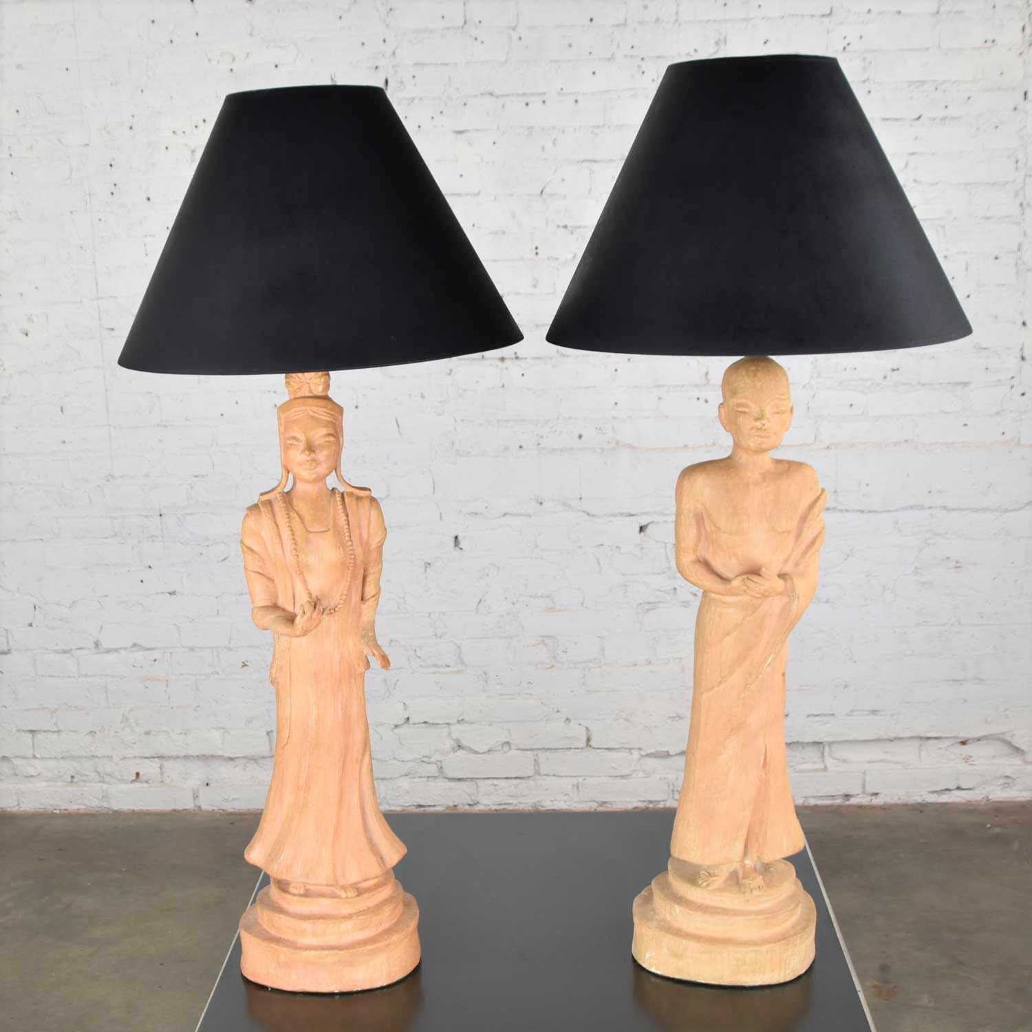 Hollywood Regency Asian Figural Lamps Style of James Mont w/ Black Tapered Shades