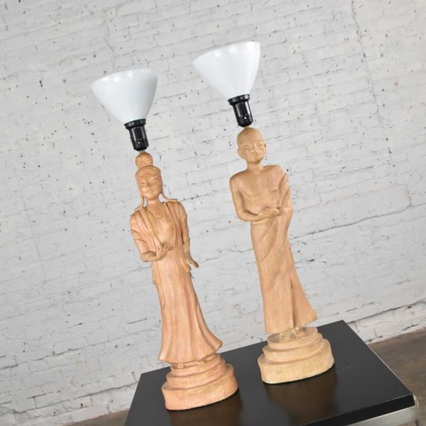 Hollywood Regency Asian Figural Lamps Style of James Mont w/ Black Tapered Shades