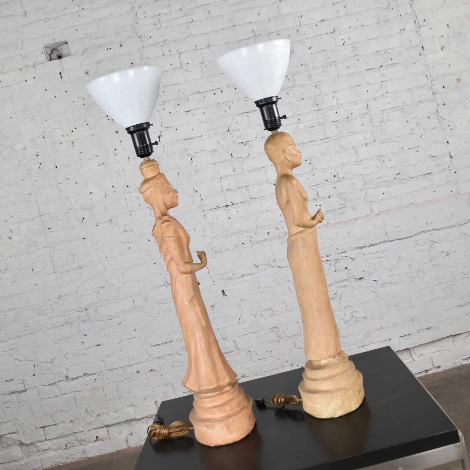 Hollywood Regency Asian Figural Lamps Style of James Mont w/ Black Tapered Shades