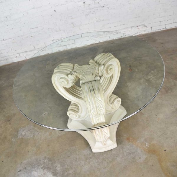 Neoclassical Architectural Plaster Pedestal Dining or Center Table w/ Round Glass Top