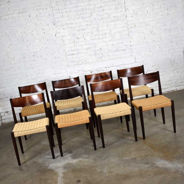 Poul Volther Scandinavian Modern Rosewood & Paper Cord Dining Chairs by Frem Røjle Set 8