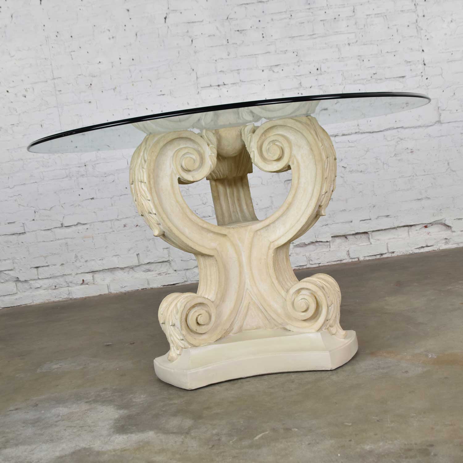 Neoclassical Architectural Plaster Pedestal Dining or Center Table w/ Round Glass Top