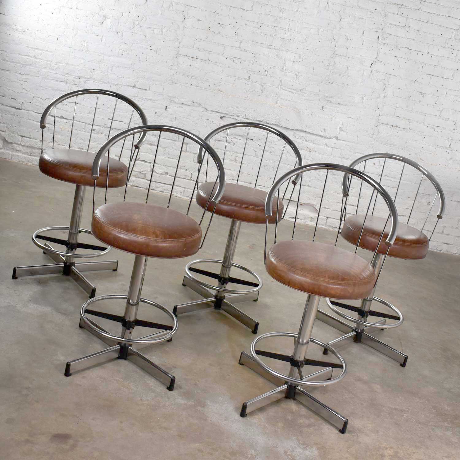 5 Cosco Vintage Modern Chrome Bar or Counter Stools w/ Brown Vinyl Faux Leather Seats