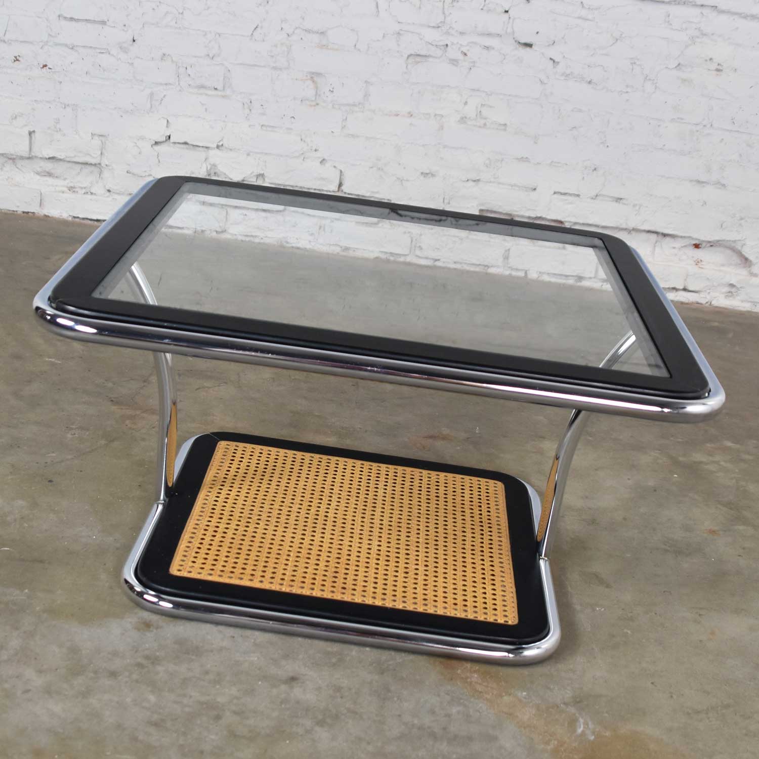 Breuer Bauhaus Style Chrome Black Wood Cane & Glass Square Coffee Table or End Table