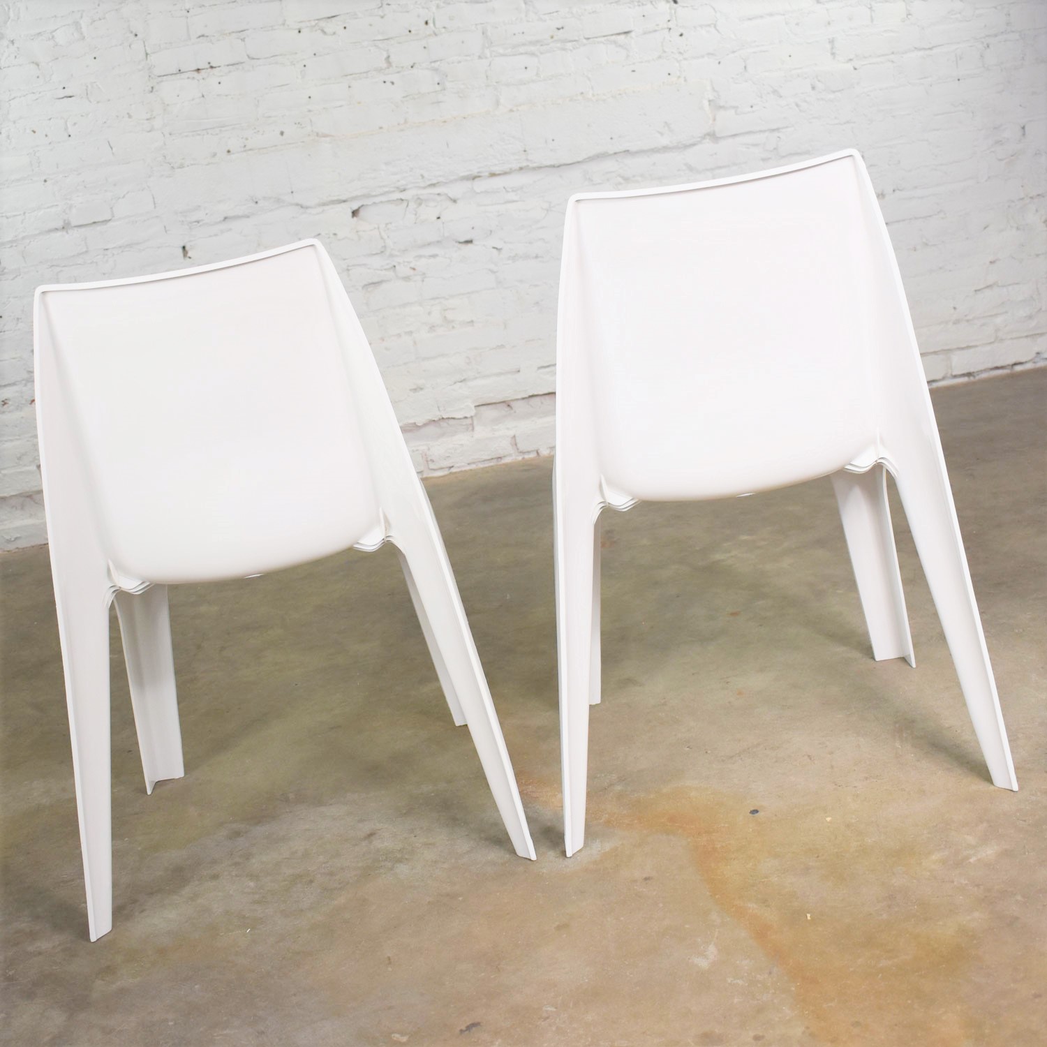 Pair Vintage Modern White Molded Plastic Chairs Style of Kartell 4850 by Castiglioni et al