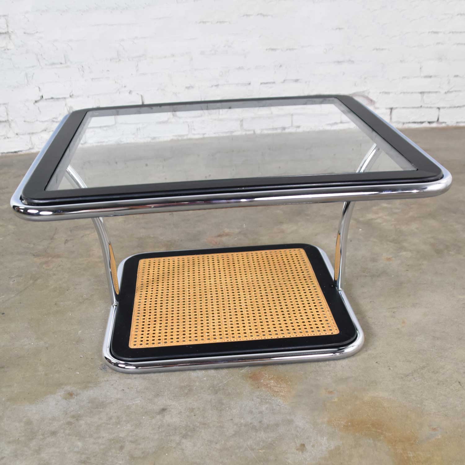 Breuer Bauhaus Style Chrome Black Wood Cane & Glass Square Coffee Table or End Table