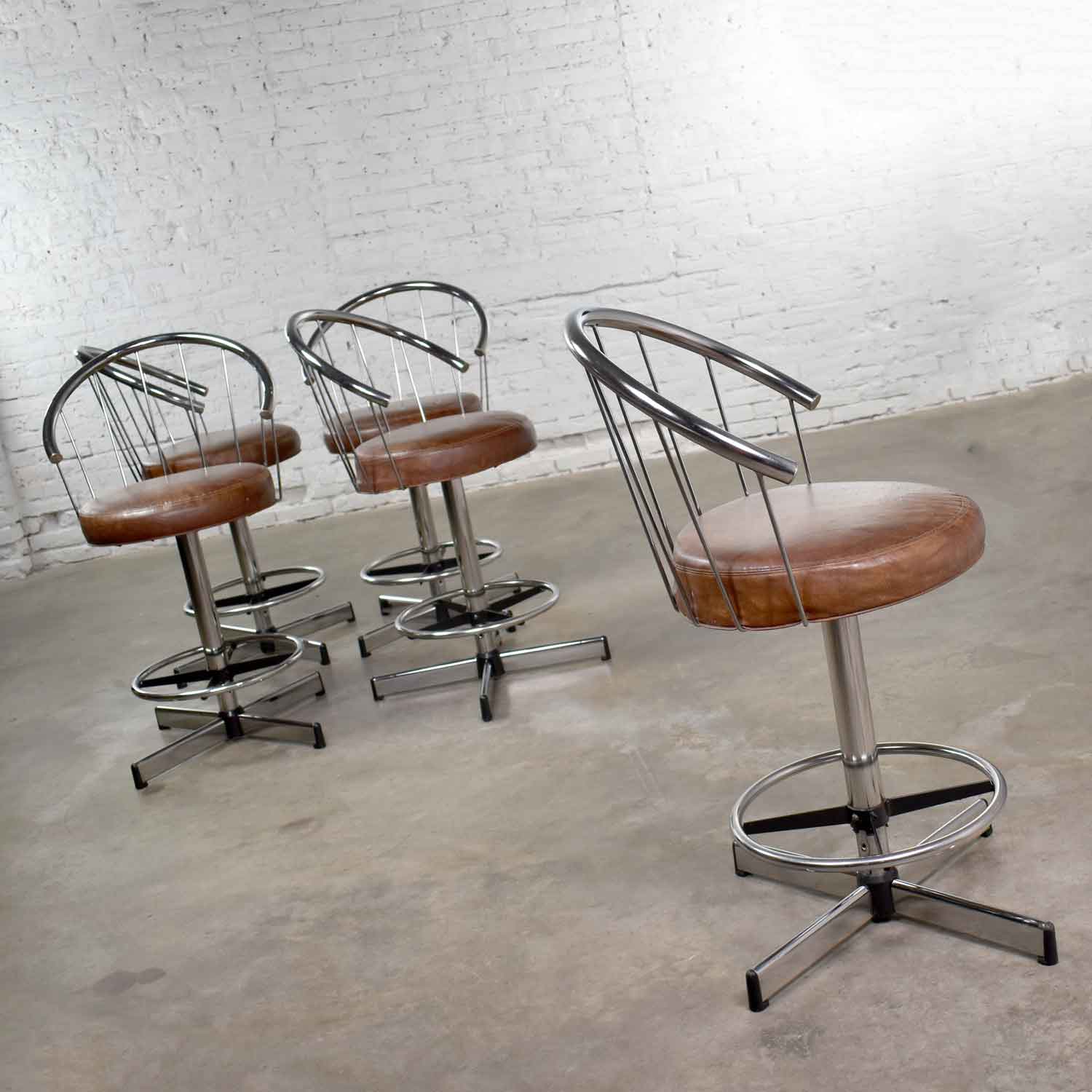 5 Cosco Vintage Modern Chrome Bar or Counter Stools w/ Brown Vinyl Faux Leather Seats