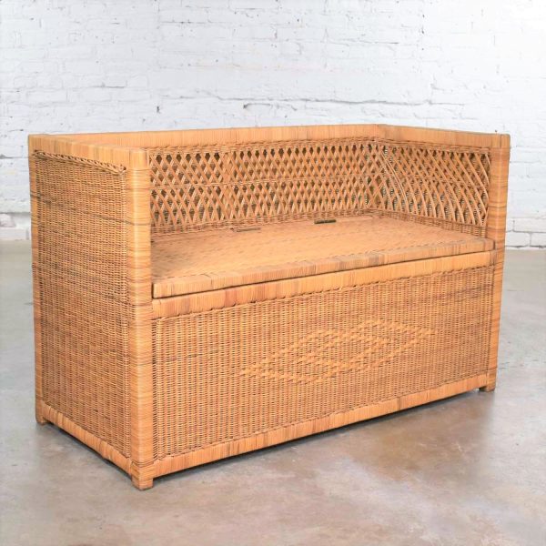 Vintage Modern Wicker Bench Settee with Trunk Style Storage