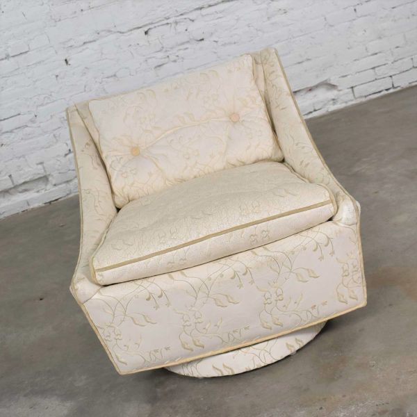 Vintage Art Deco Petite White Swivel Chair with Embroidered Leather by Oxford Ltd.