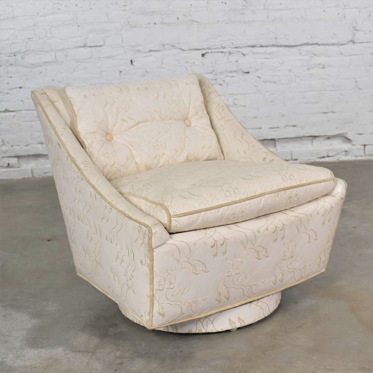 Vintage Art Deco Petite White Swivel Chair with Embroidered Leather by Oxford Ltd.