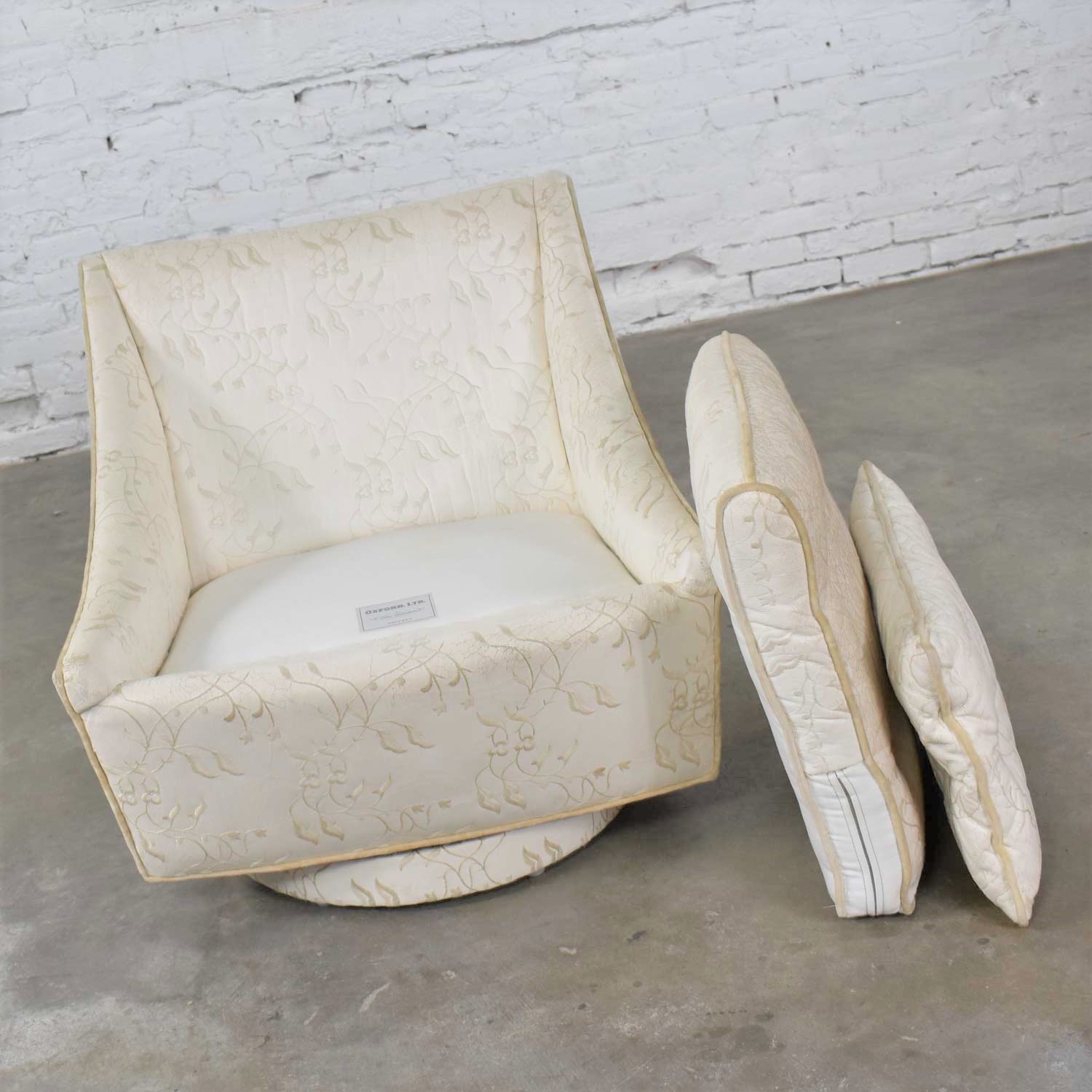 Vintage Art Deco Petite White Swivel Chair with Embroidered Leather by Oxford Ltd.